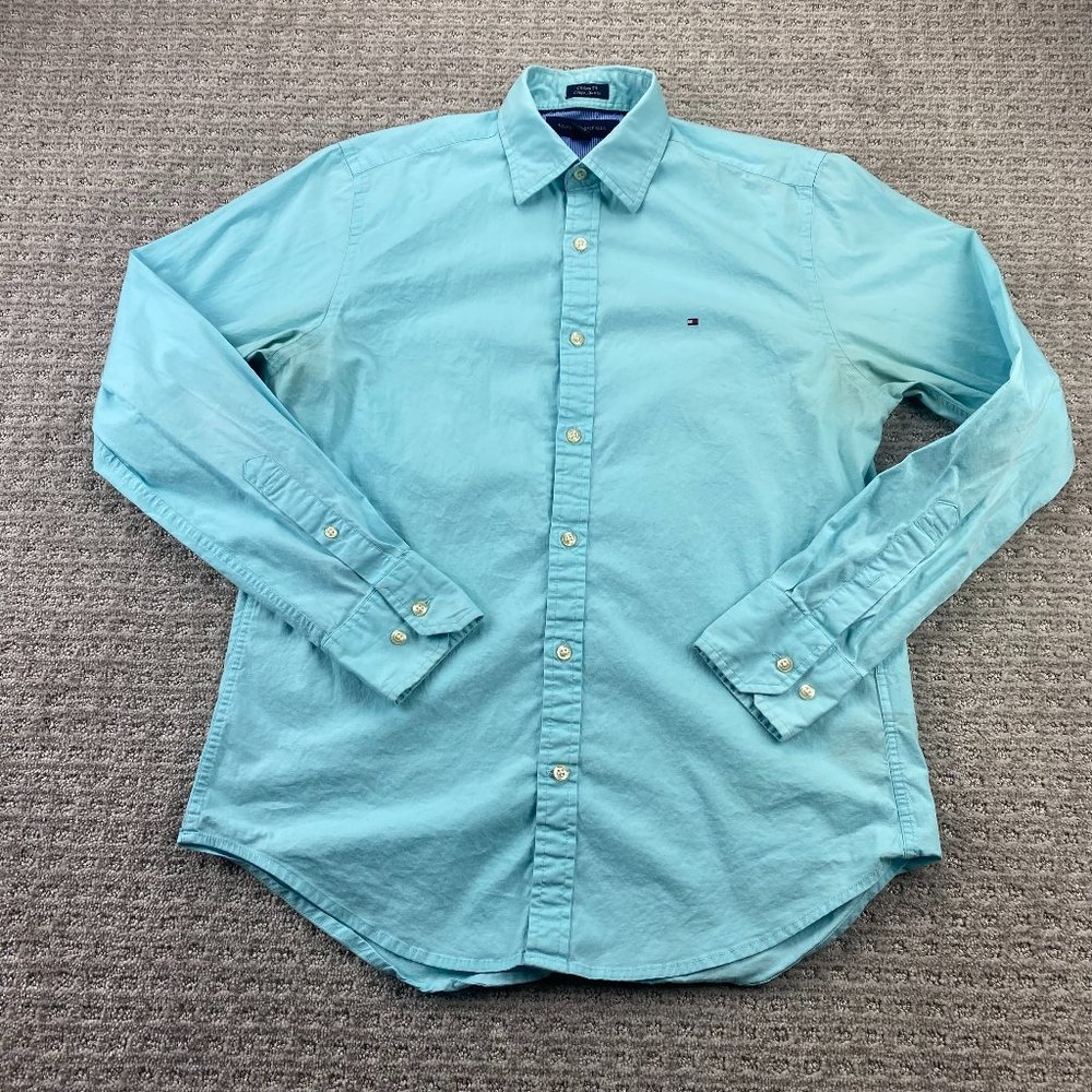 Tommy Hilfiger Shirt Men Small S Teal Custom Fit Button Up - STAINS ON ARMPIT